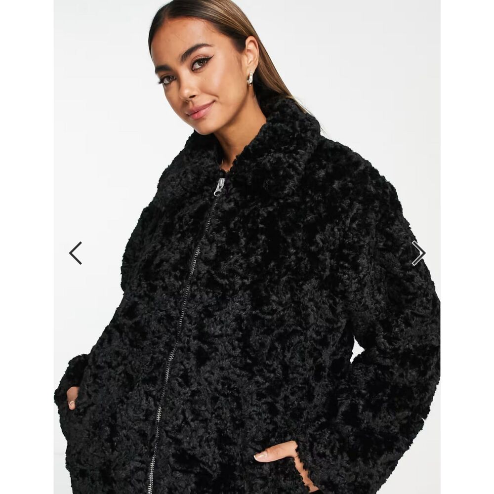 Monki Womens Curly Faux Fur Boxy Jacket in Black Size Small
